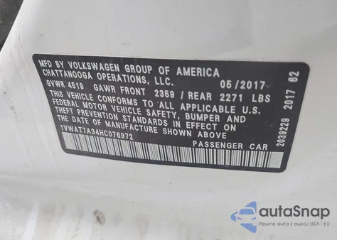 2017 Volkswagen Passat 1.8T S from USA, damaged, VIN 1VWAT7A34HC076972